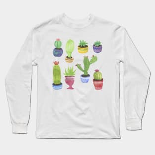 Watercolor Pattern of Cactus and Succulents Long Sleeve T-Shirt
